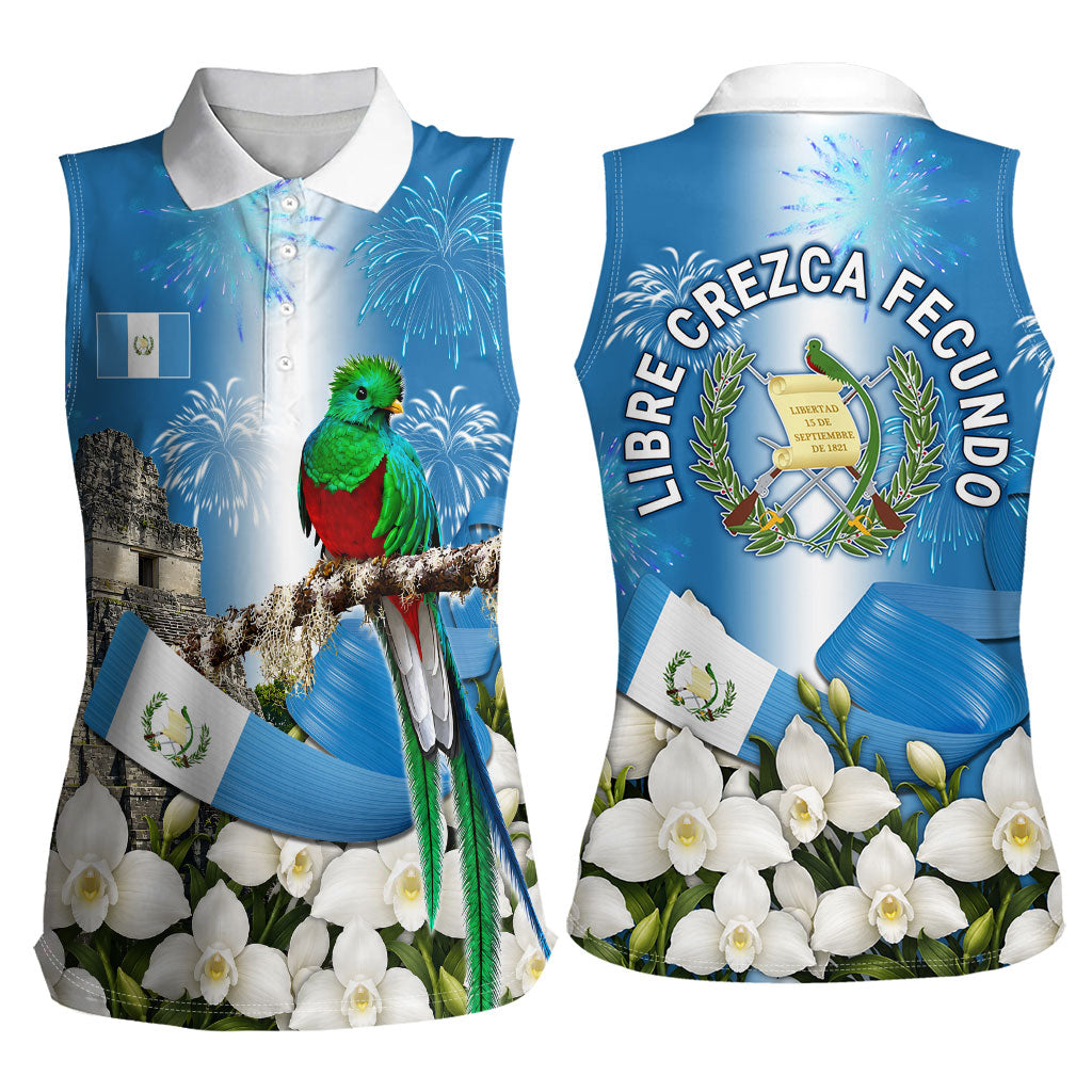 Guatemala Quetzal And Mayan Ruins Women Sleeveless Polo Shirt Patriotic National Symbols White Orchid Flag
