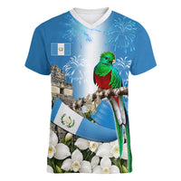 Guatemala Quetzal And Mayan Ruins Women V-Neck T-Shirt Patriotic National Symbols White Orchid Flag