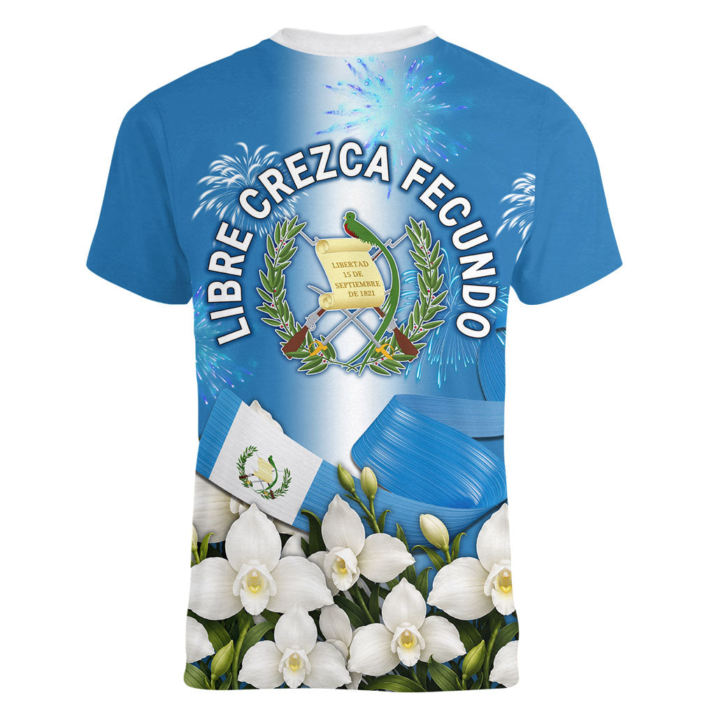 Guatemala Quetzal And Mayan Ruins Women V-Neck T-Shirt Patriotic National Symbols White Orchid Flag