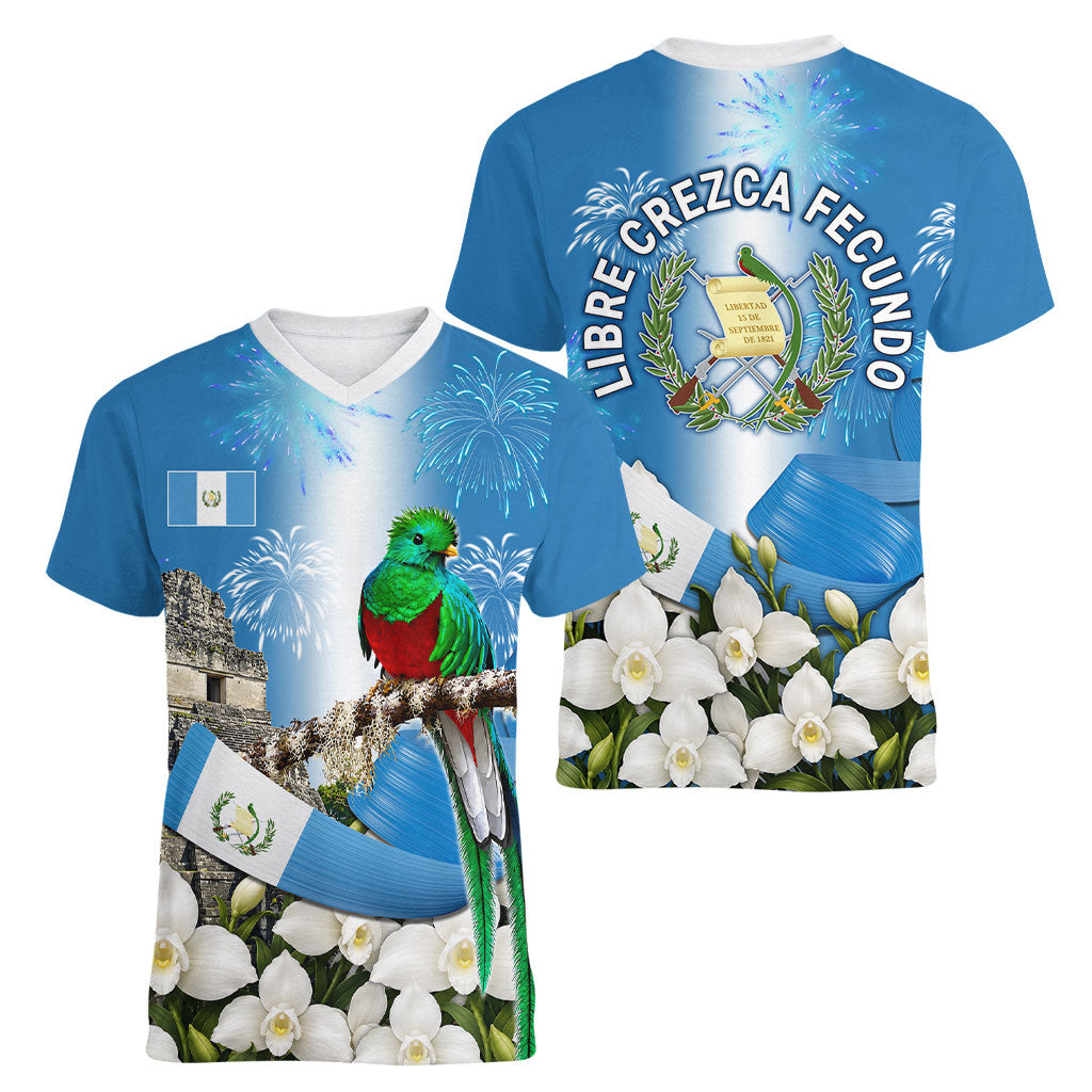 Guatemala Quetzal And Mayan Ruins Women V-Neck T-Shirt Patriotic National Symbols White Orchid Flag