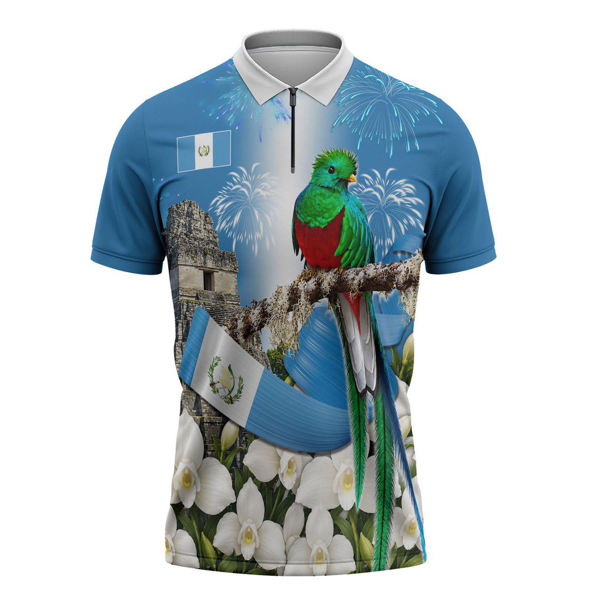 Guatemala Quetzal And Mayan Ruins Zipper Polo Shirt Patriotic National Symbols White Orchid Flag