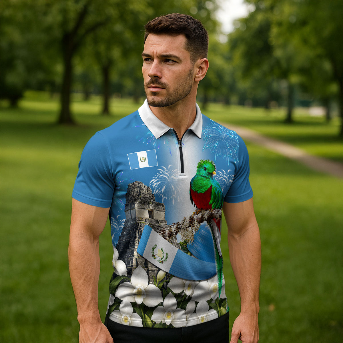 Guatemala Quetzal And Mayan Ruins Zipper Polo Shirt Patriotic National Symbols White Orchid Flag