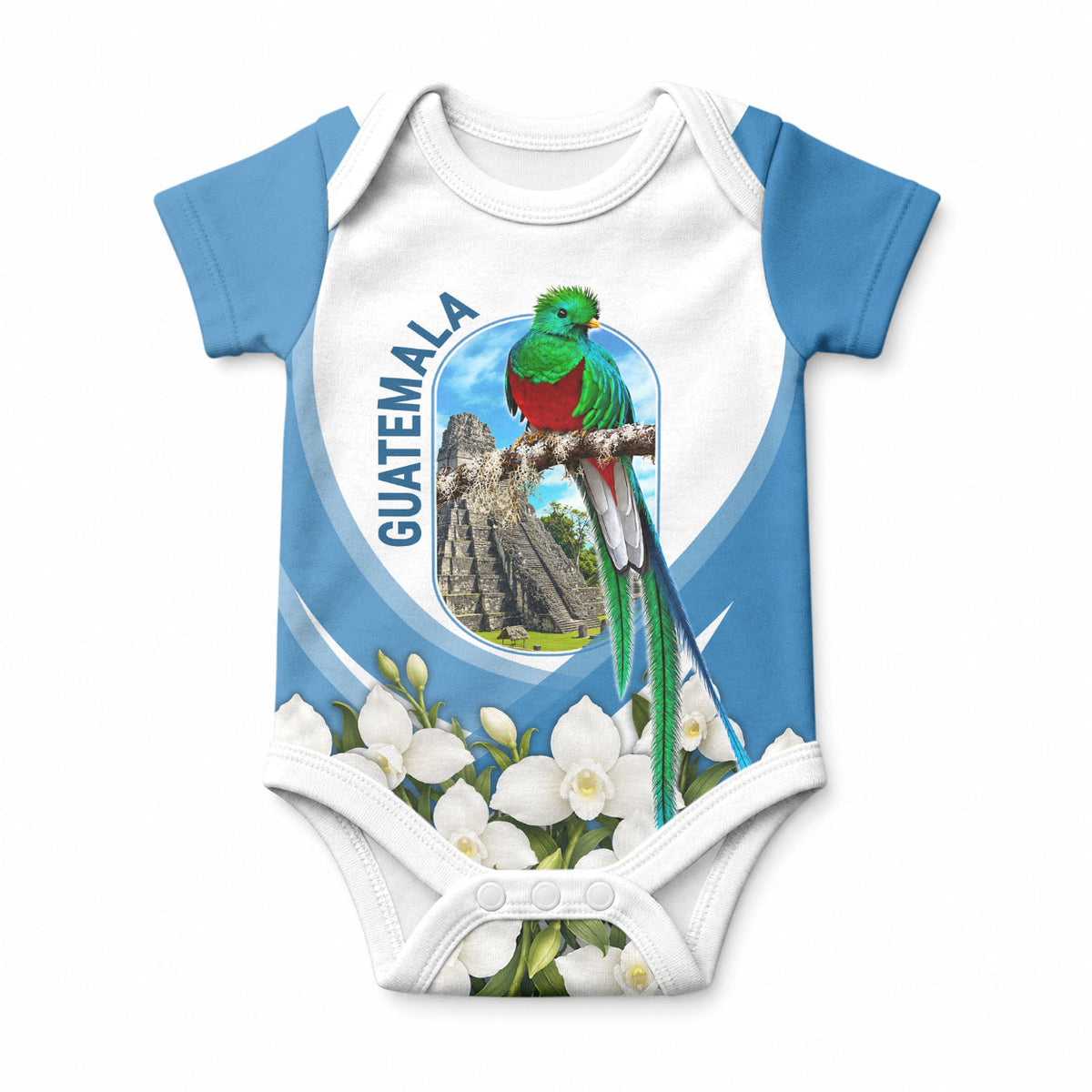 Guatemala Baby Onesie Quetzal Mayan Ruins Orchid Flag