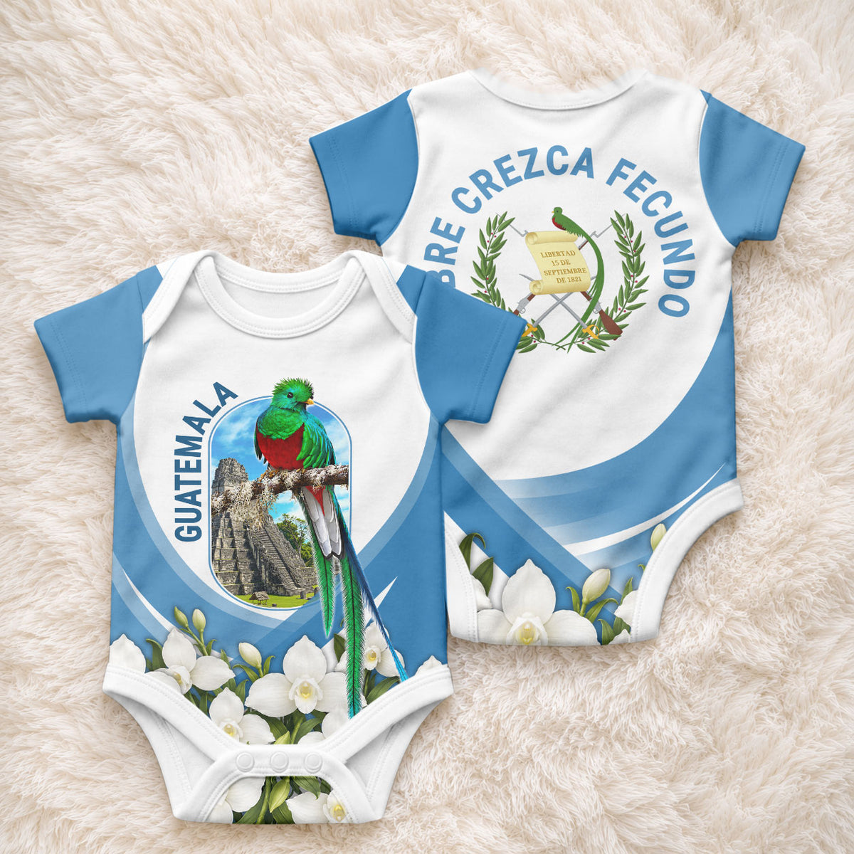 Guatemala Baby Onesie Quetzal Mayan Ruins Orchid Flag