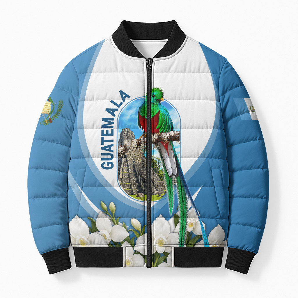 Guatemala Bomber Puffer Jacket Quetzal Mayan Ruins Orchid Flag