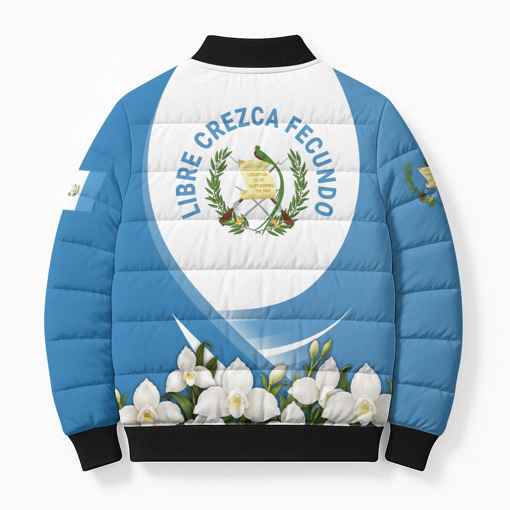 Guatemala Bomber Puffer Jacket Quetzal Mayan Ruins Orchid Flag