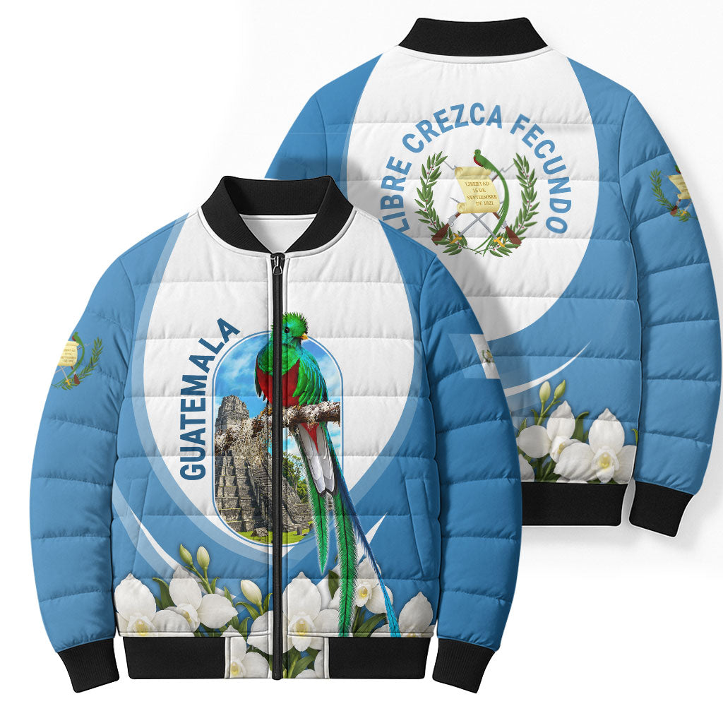 Guatemala Bomber Puffer Jacket Quetzal Mayan Ruins Orchid Flag