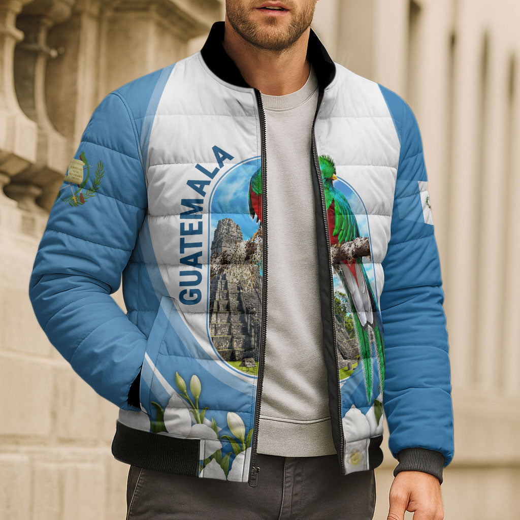 Guatemala Bomber Puffer Jacket Quetzal Mayan Ruins Orchid Flag