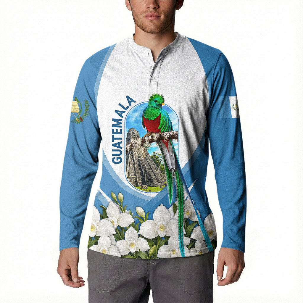 Guatemala Button Sweatshirt Quetzal Mayan Ruins Orchid Flag