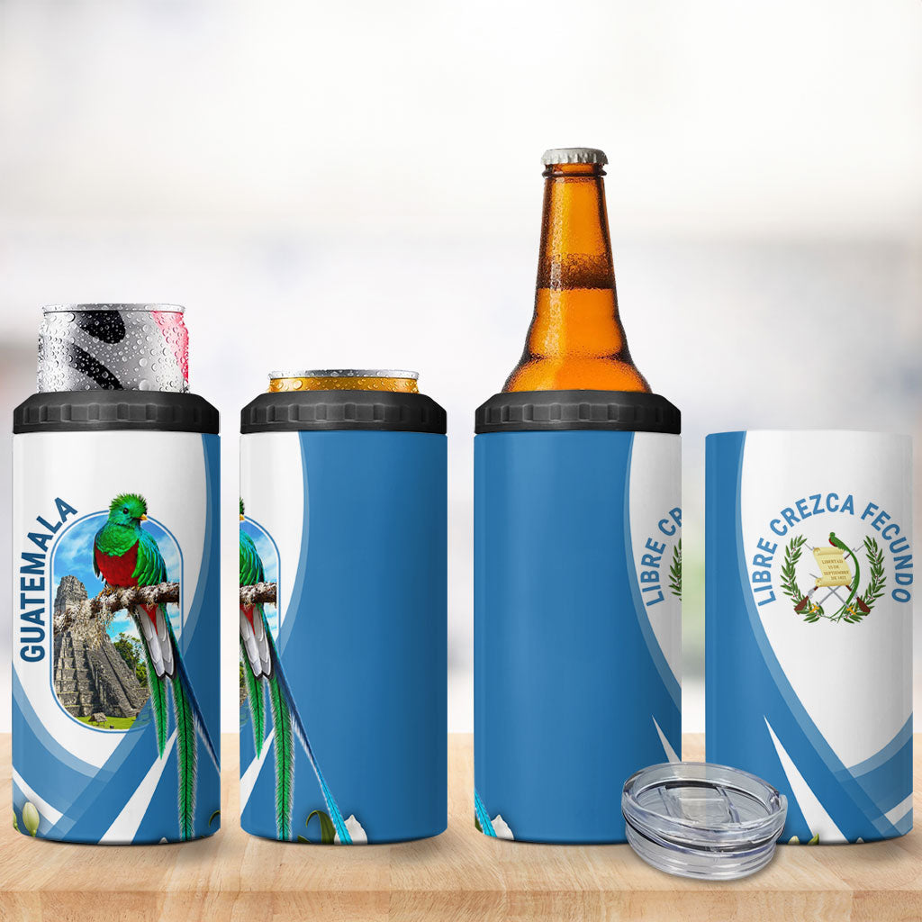 Guatemala 4 in 1 Can Cooler Tumbler Quetzal Mayan Ruins Orchid Flag