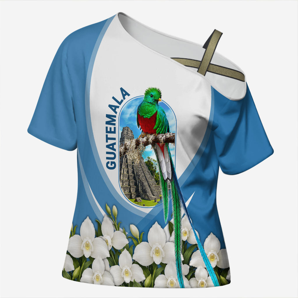 Guatemala Cross Shoulder Shirt Quetzal Mayan Ruins Orchid Flag