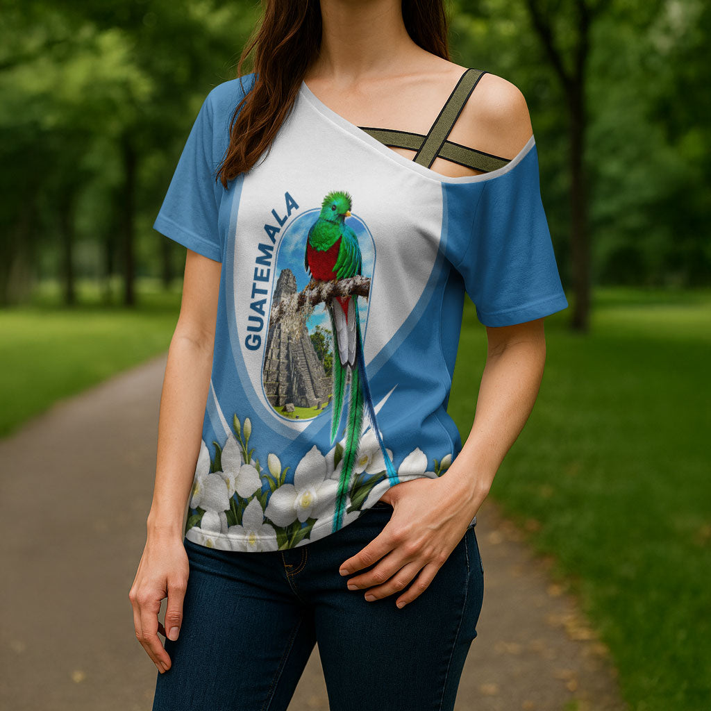Guatemala Cross Shoulder Shirt Quetzal Mayan Ruins Orchid Flag