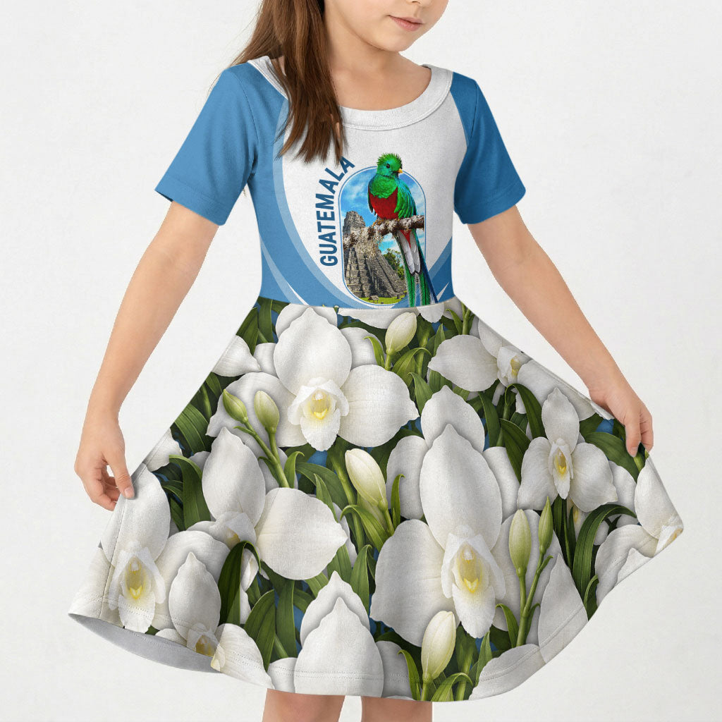 Guatemala Kid Short Sleeve Dress Quetzal Mayan Ruins Orchid Flag