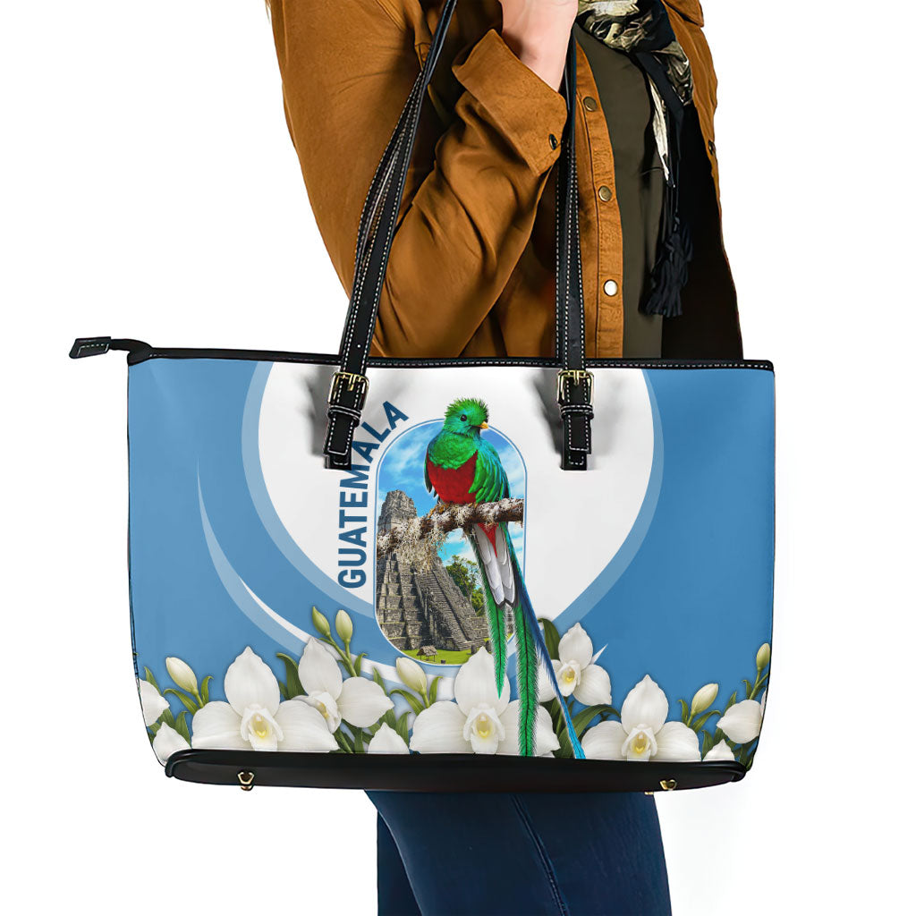 Guatemala Leather Tote Bag Quetzal Mayan Ruins Orchid Flag