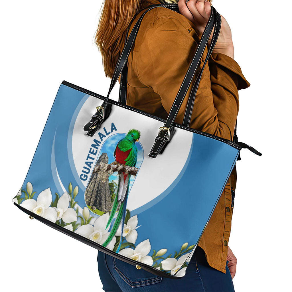 Guatemala Leather Tote Bag Quetzal Mayan Ruins Orchid Flag