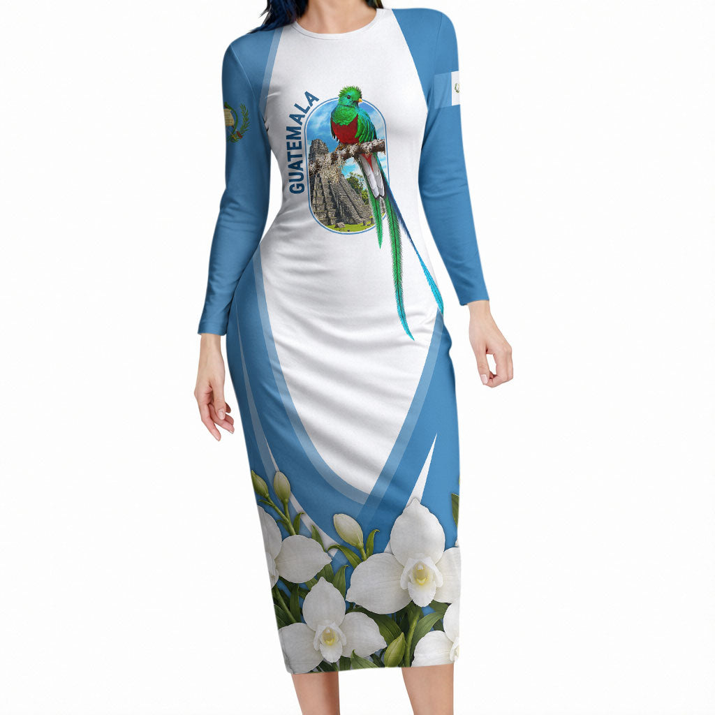 Guatemala Long Sleeve Bodycon Dress Quetzal Mayan Ruins Orchid Flag