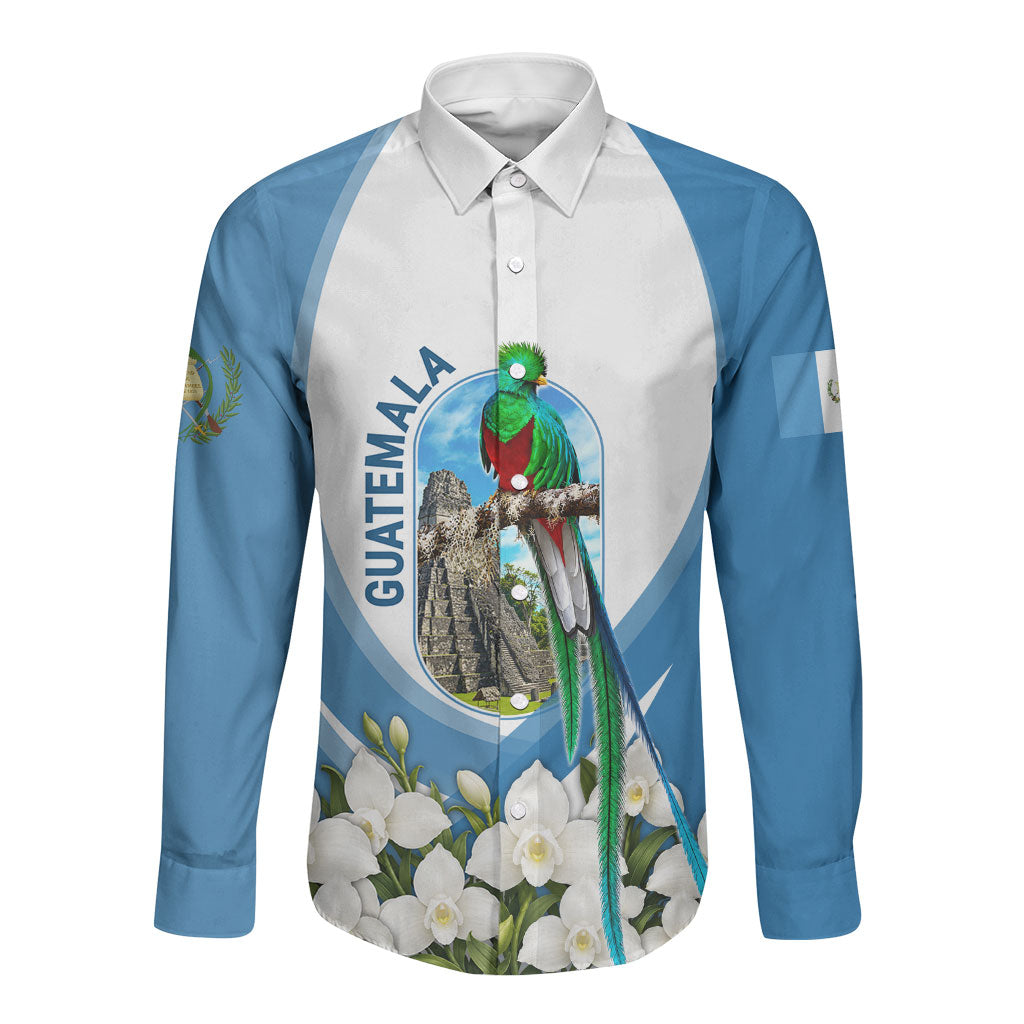 Guatemala Long Sleeve Button Shirt Quetzal Mayan Ruins Orchid Flag