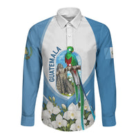 Guatemala Long Sleeve Button Shirt Quetzal Mayan Ruins Orchid Flag