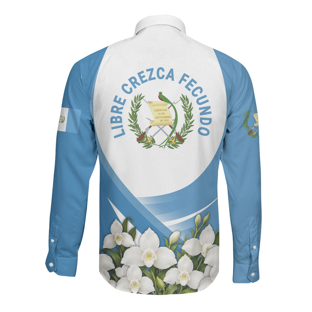 Guatemala Long Sleeve Button Shirt Quetzal Mayan Ruins Orchid Flag