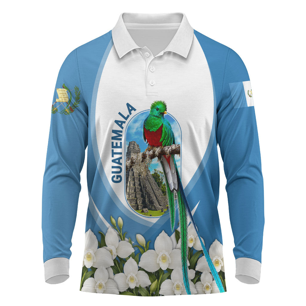 Guatemala Long Sleeve Polo Shirt Quetzal Mayan Ruins Orchid Flag
