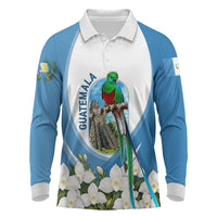 Guatemala Long Sleeve Polo Shirt Quetzal Mayan Ruins Orchid Flag