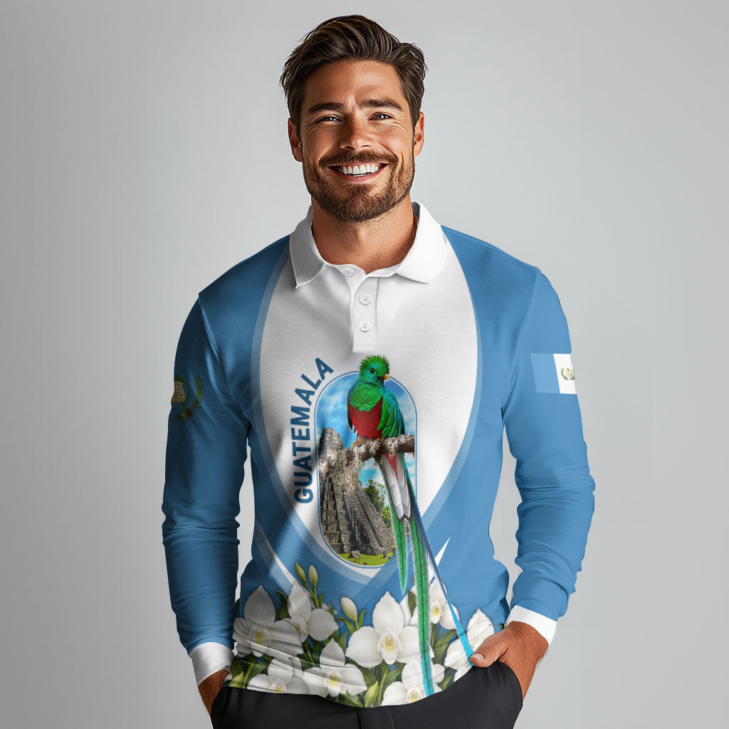 Guatemala Long Sleeve Polo Shirt Quetzal Mayan Ruins Orchid Flag