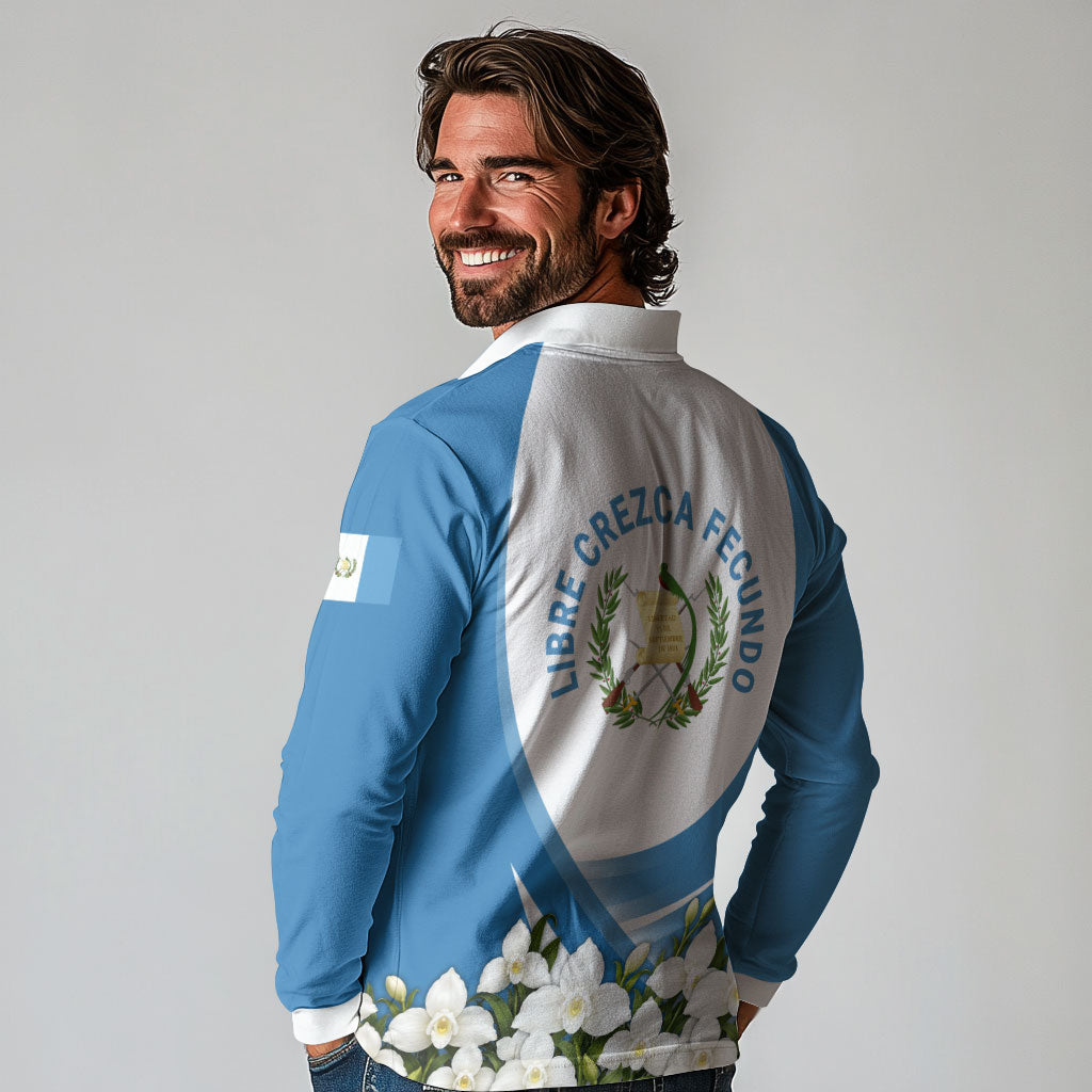 Guatemala Long Sleeve Polo Shirt Quetzal Mayan Ruins Orchid Flag