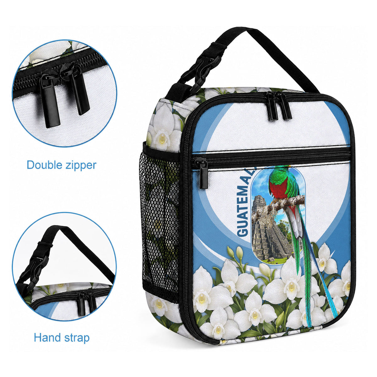 Guatemala Lunch Bag Quetzal Mayan Ruins Orchid Flag