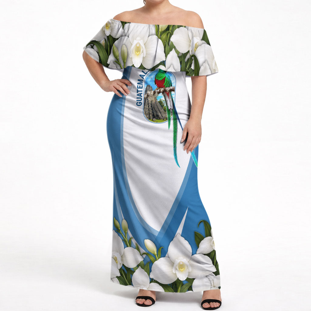 Guatemala Off Shoulder Maxi Dress Quetzal Mayan Ruins Orchid Flag