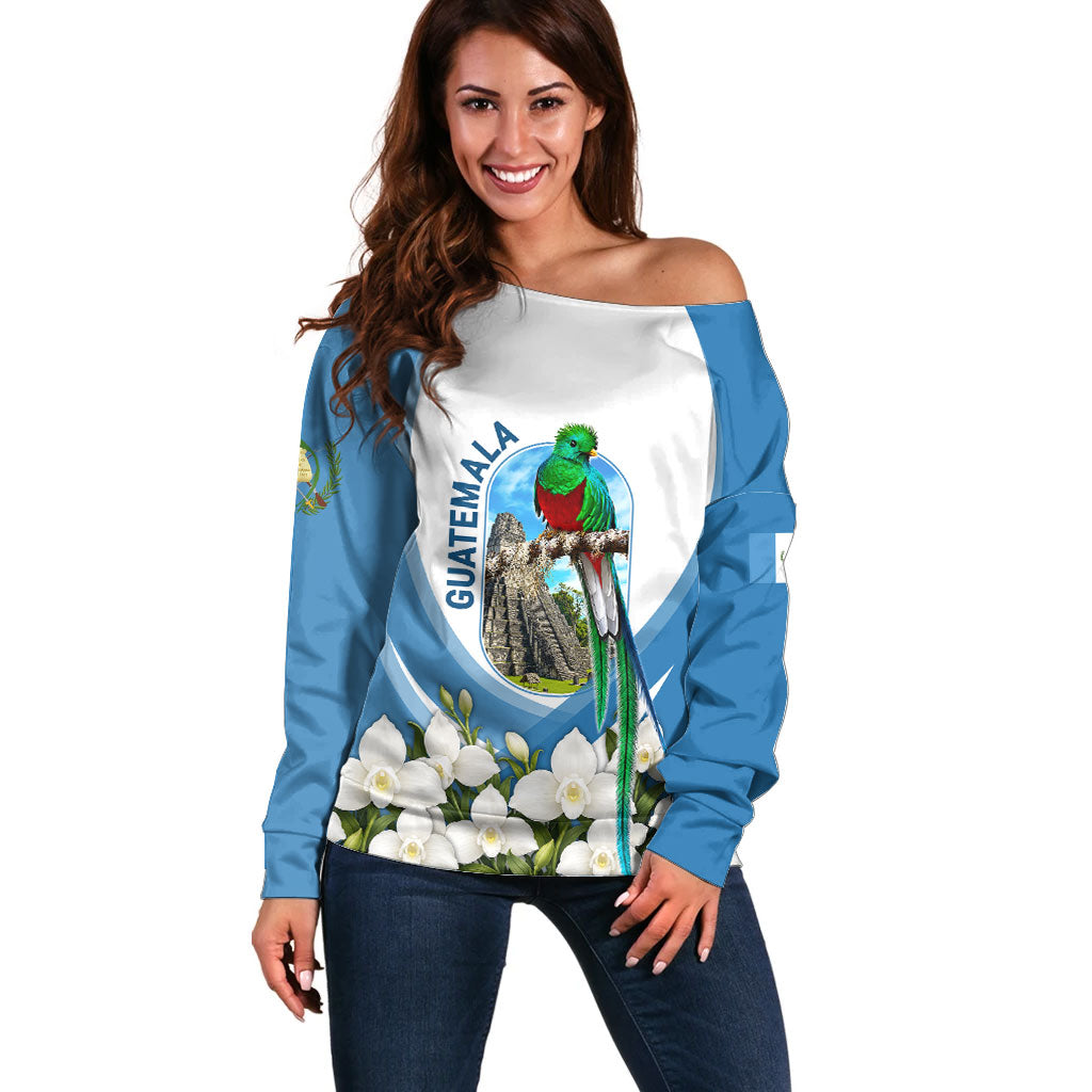 Guatemala Off Shoulder Sweater Quetzal Mayan Ruins Orchid Flag