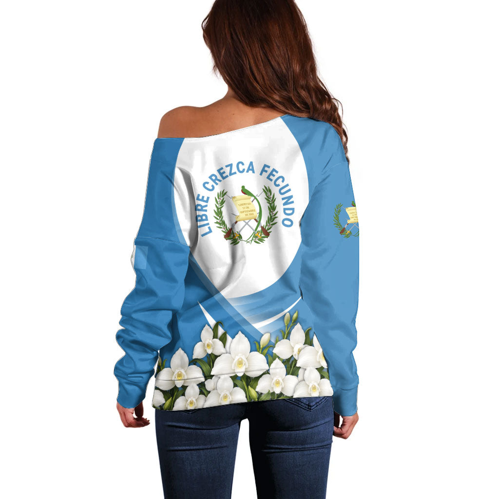 Guatemala Off Shoulder Sweater Quetzal Mayan Ruins Orchid Flag