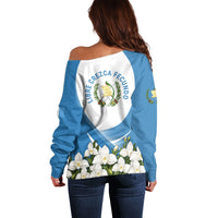 Guatemala Off Shoulder Sweater Quetzal Mayan Ruins Orchid Flag