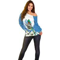 Guatemala Off Shoulder Sweater Quetzal Mayan Ruins Orchid Flag