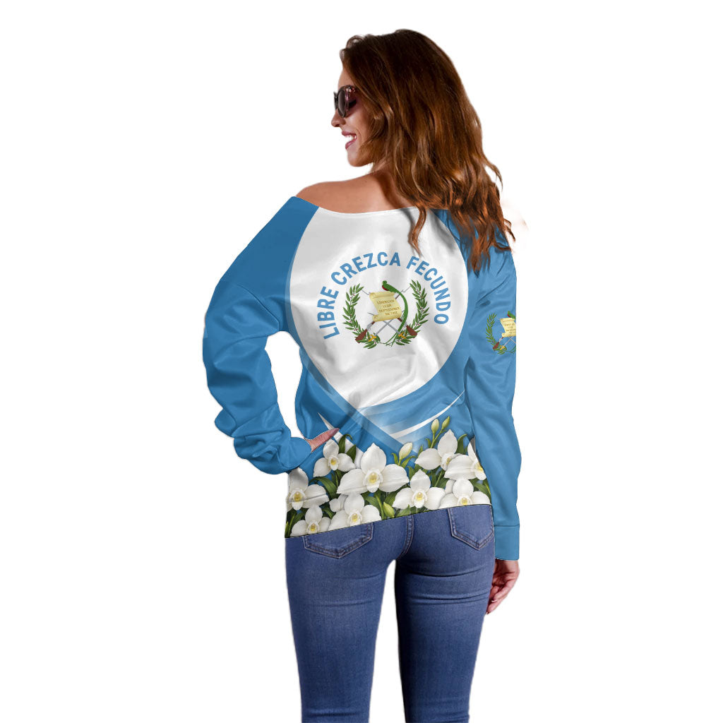 Guatemala Off Shoulder Sweater Quetzal Mayan Ruins Orchid Flag