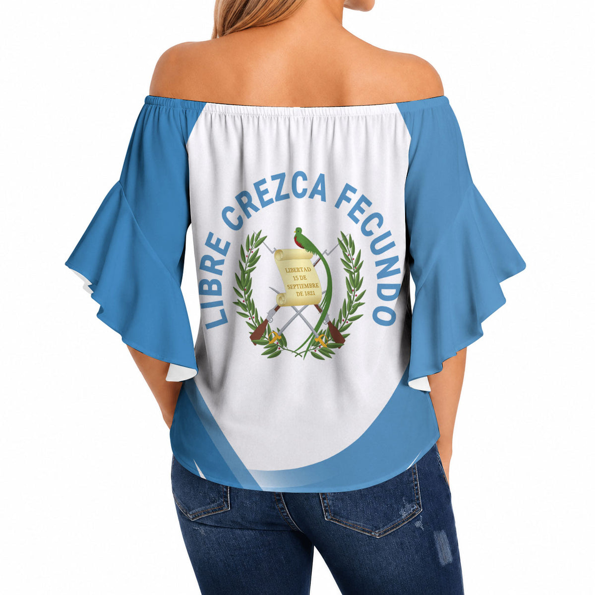 Guatemala Off Shoulder Wrap Waist Top Quetzal Mayan Ruins Orchid Flag