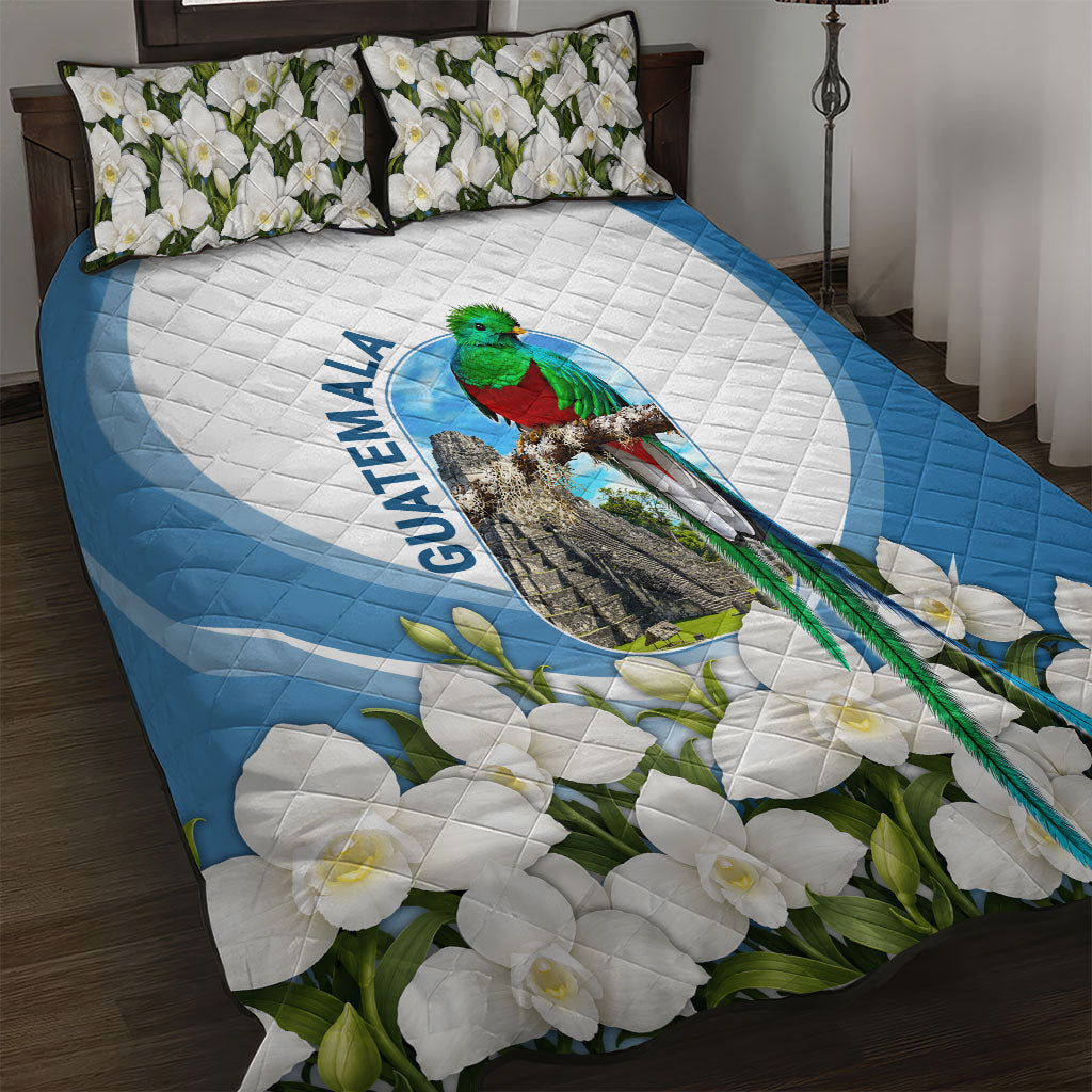 Guatemala Quilt Bed Set Quetzal Mayan Ruins Orchid Flag