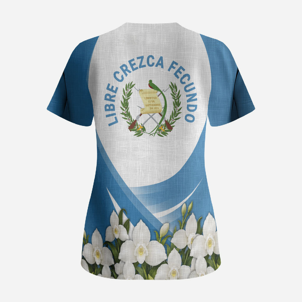 Guatemala Scrub Top Quetzal Mayan Ruins Orchid Flag