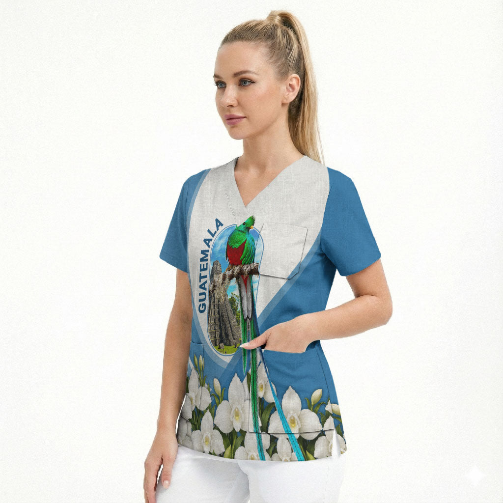 Guatemala Scrub Top Quetzal Mayan Ruins Orchid Flag