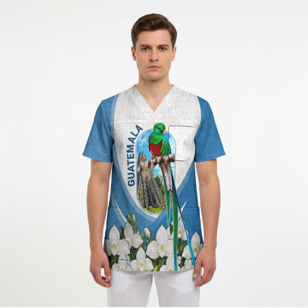 Guatemala Scrub Top Quetzal Mayan Ruins Orchid Flag