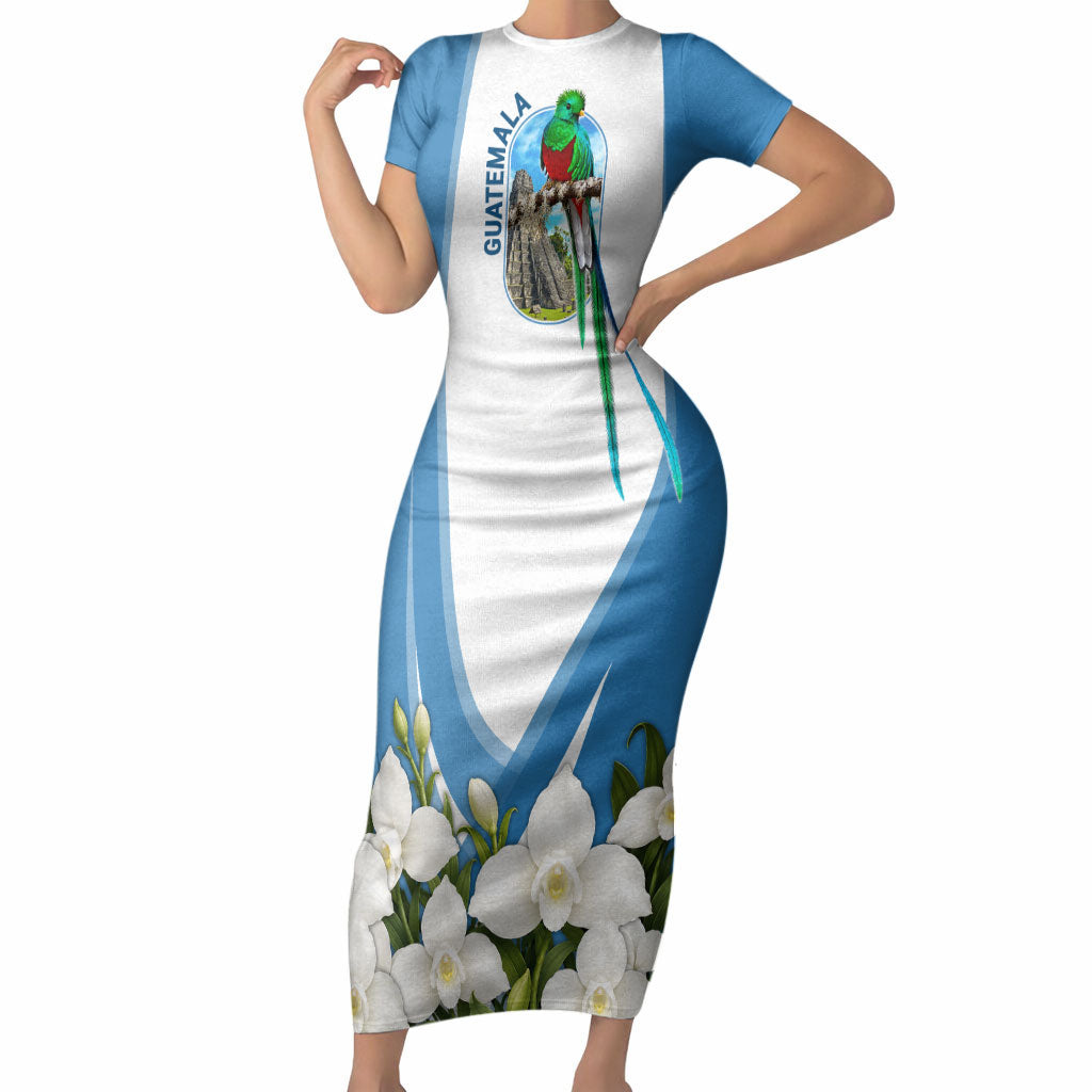 Guatemala Short Sleeve Bodycon Dress Quetzal Mayan Ruins Orchid Flag