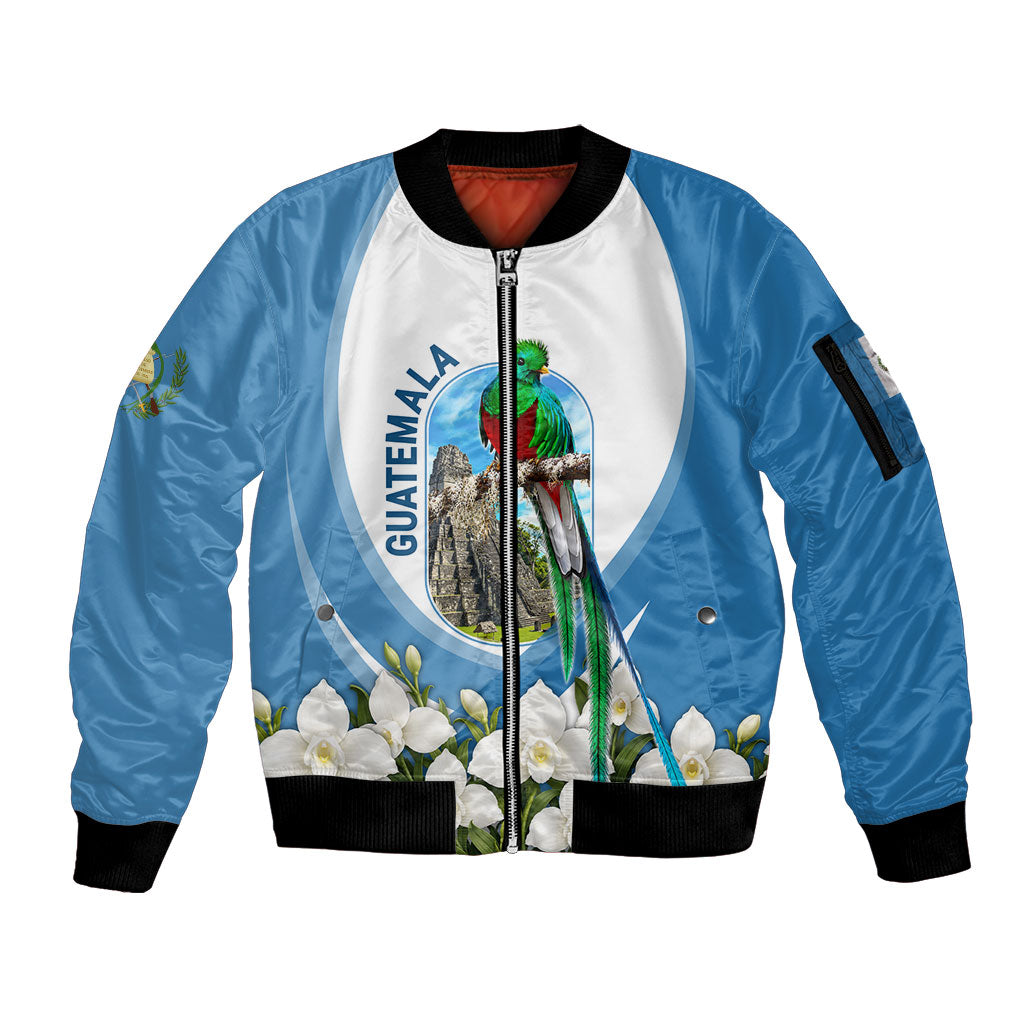 Guatemala Sleeve Zip Bomber Jacket Quetzal Mayan Ruins Orchid Flag