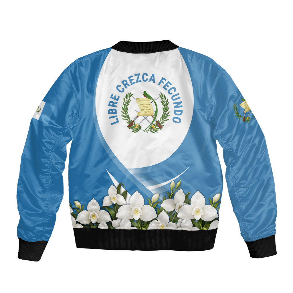 Guatemala Sleeve Zip Bomber Jacket Quetzal Mayan Ruins Orchid Flag