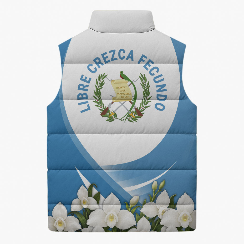 Guatemala Sleeveless Puffer Jacket Quetzal Mayan Ruins Orchid Flag