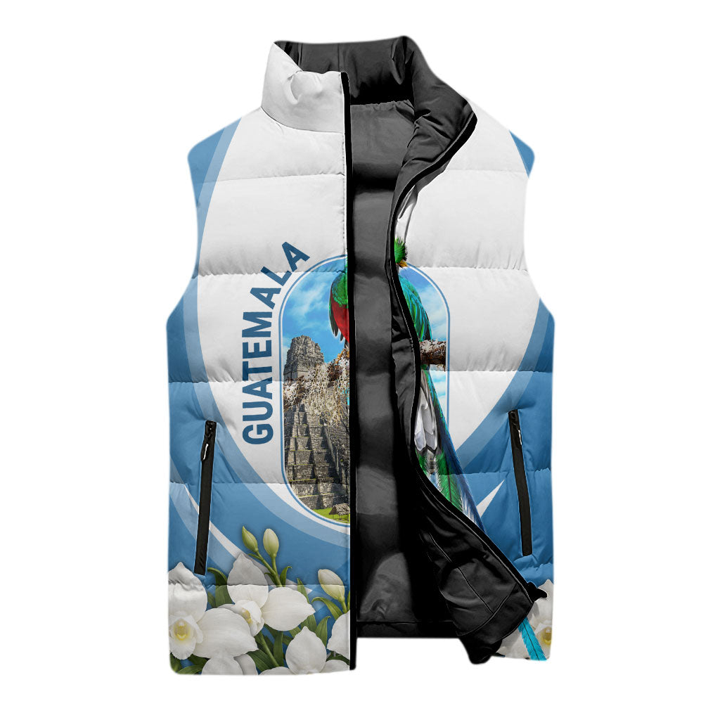 Guatemala Sleeveless Puffer Jacket Quetzal Mayan Ruins Orchid Flag