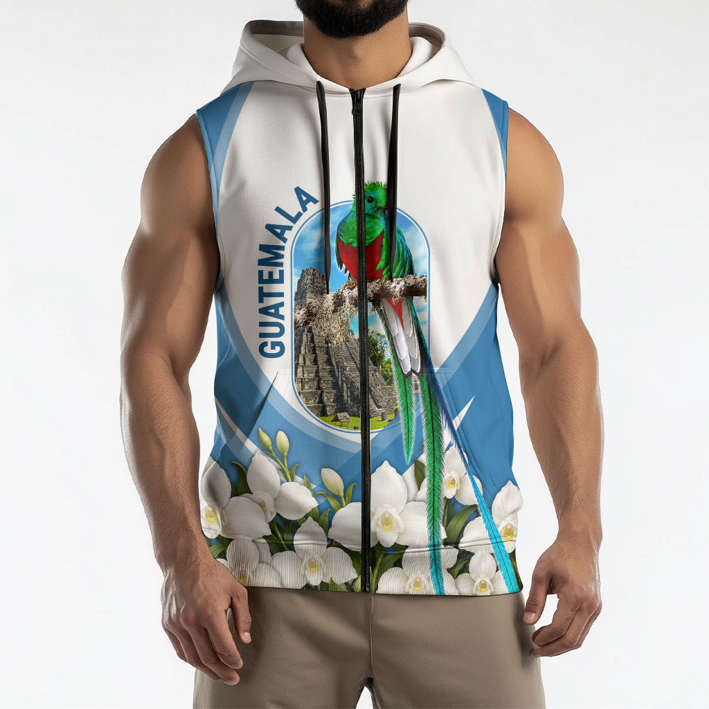Guatemala Sleeveless Zip Hoodie Quetzal Mayan Ruins Orchid Flag