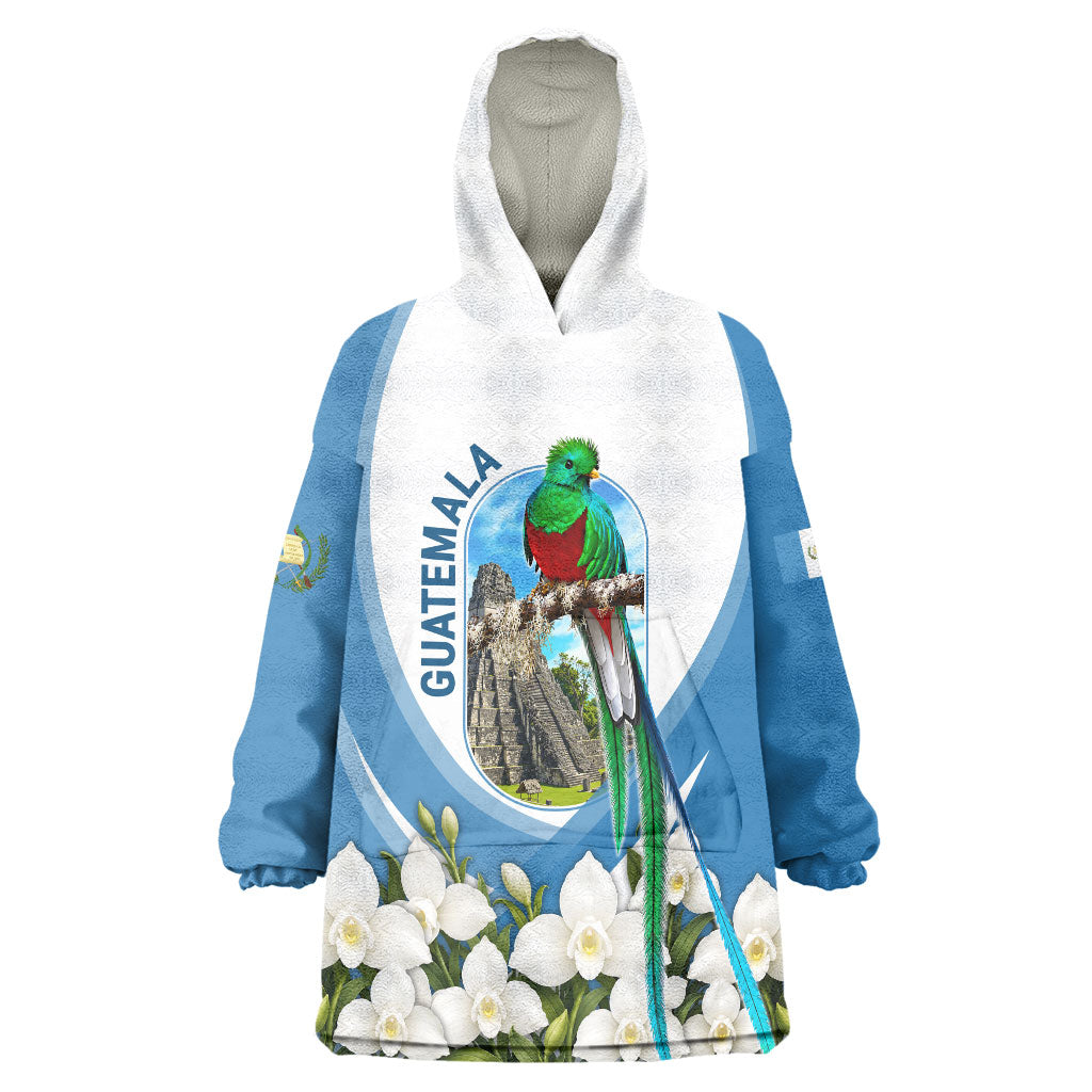 Guatemala Wearable Blanket Hoodie Quetzal Mayan Ruins Orchid Flag