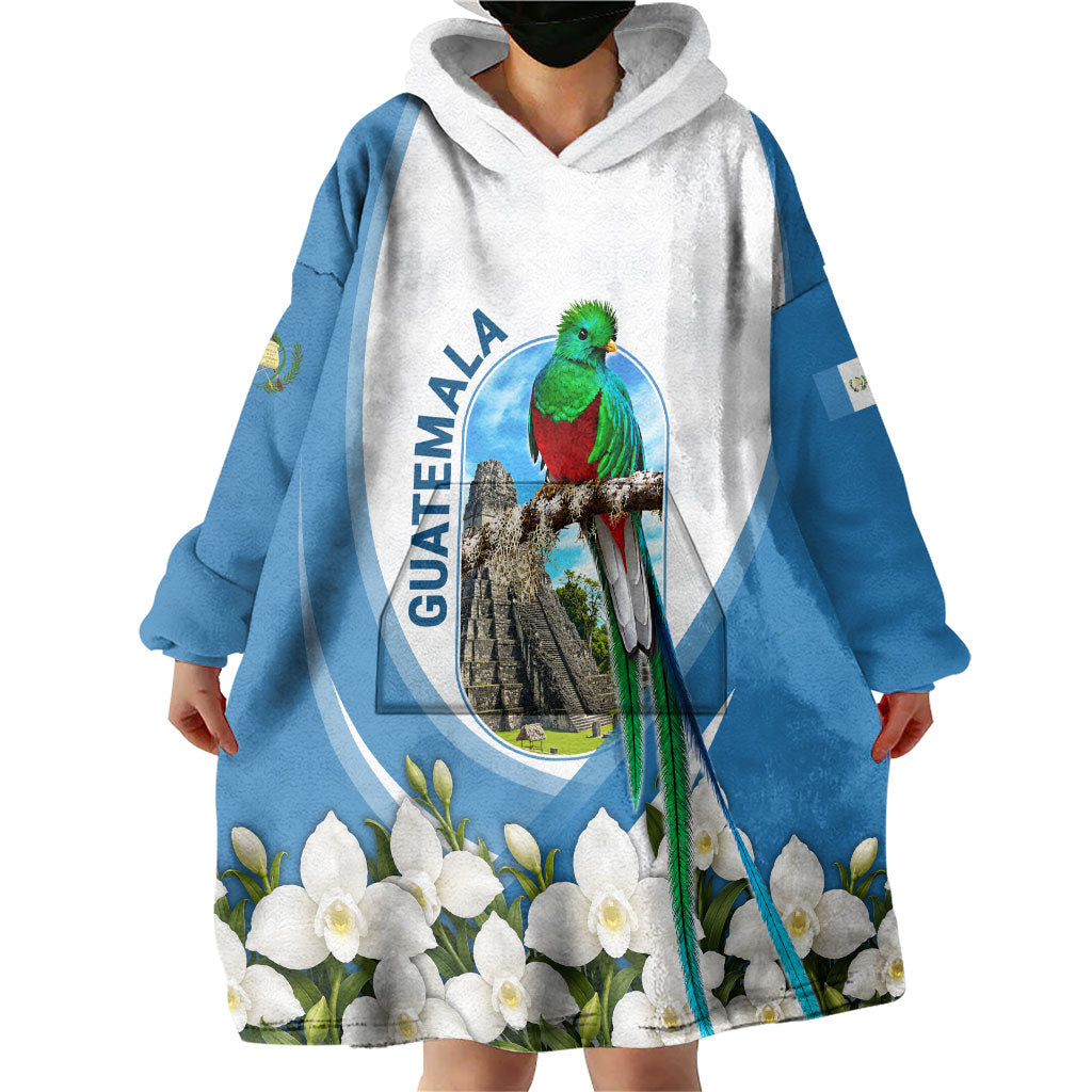 Guatemala Wearable Blanket Hoodie Quetzal Mayan Ruins Orchid Flag