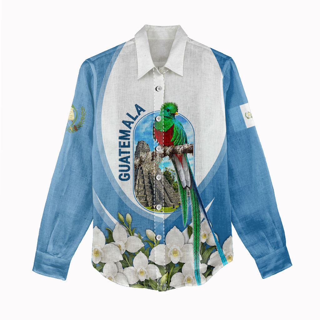 Guatemala Women Casual Shirt Quetzal Mayan Ruins Orchid Flag