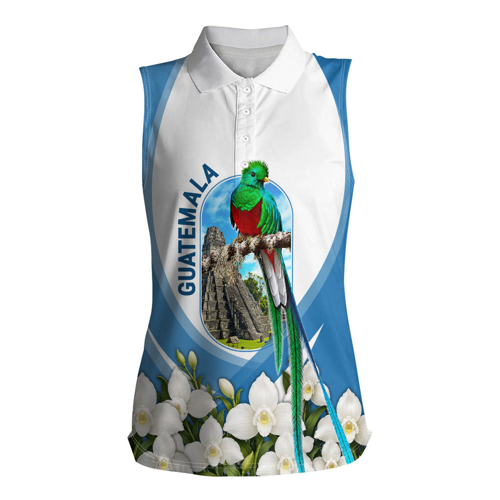Guatemala Women Sleeveless Polo Shirt Quetzal Mayan Ruins Orchid Flag