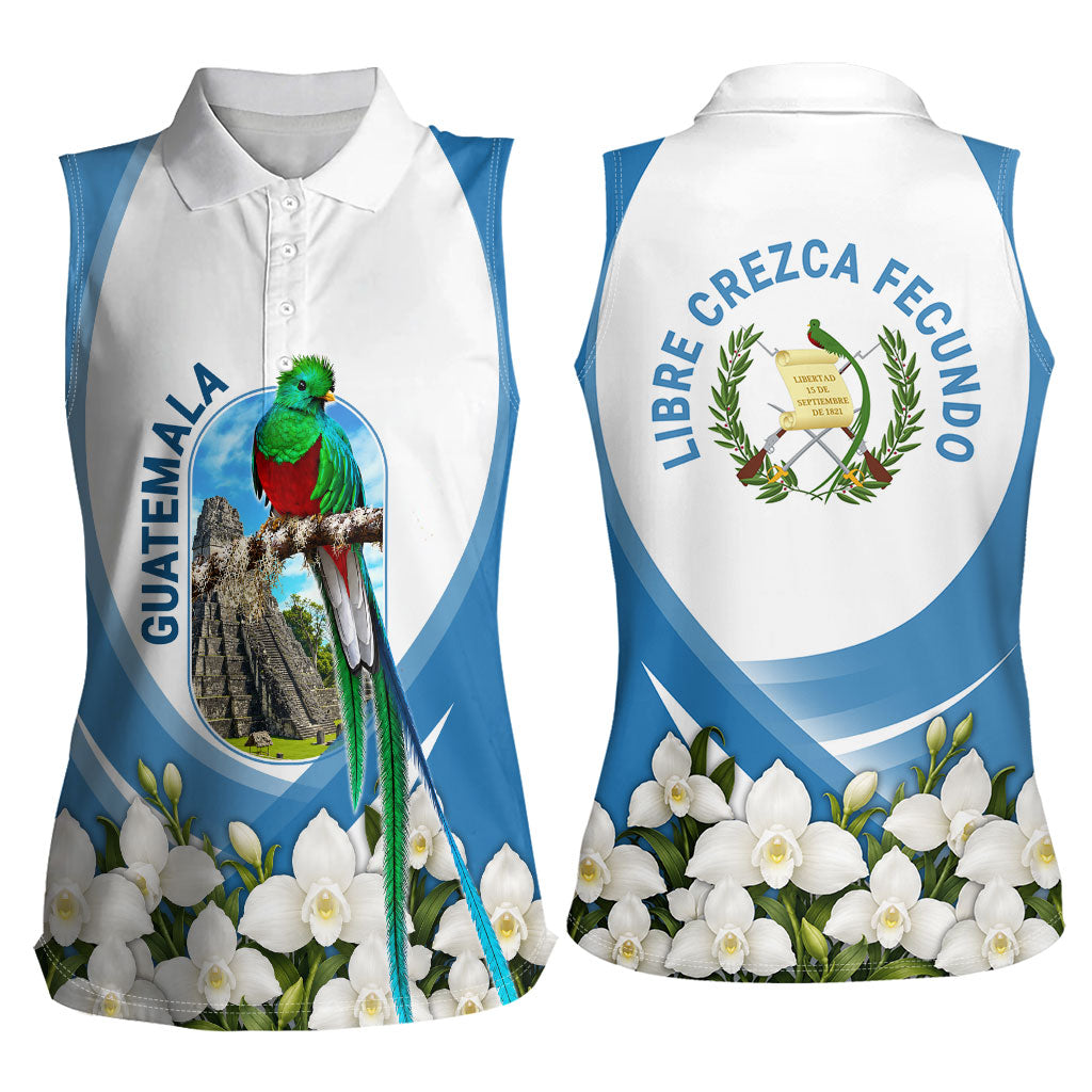 Guatemala Women Sleeveless Polo Shirt Quetzal Mayan Ruins Orchid Flag